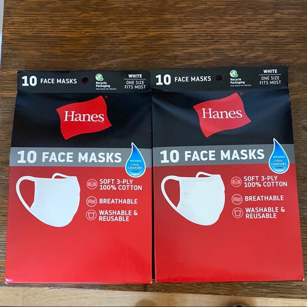 Qty 2 - 10 Hanes 100% Cotton Face Masks
